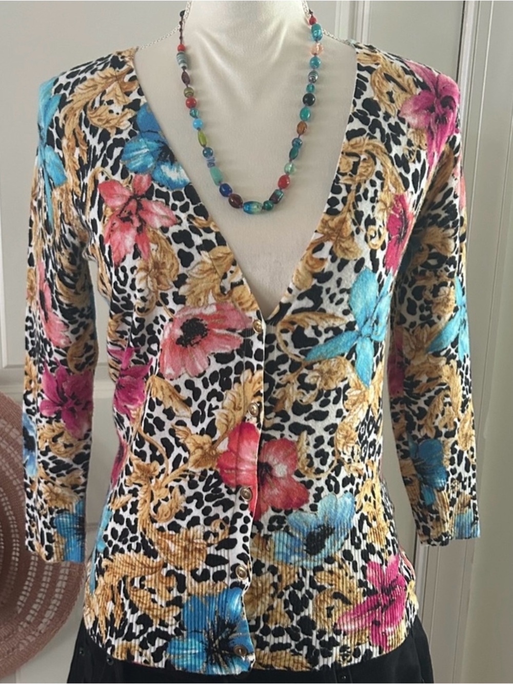 Cache Floral & Leopard Print Button Cardigan in Blue, Pink, Gold, Black, White